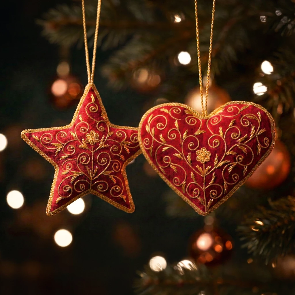 Zardozi-Baumschmuck Herz und Stern Rot