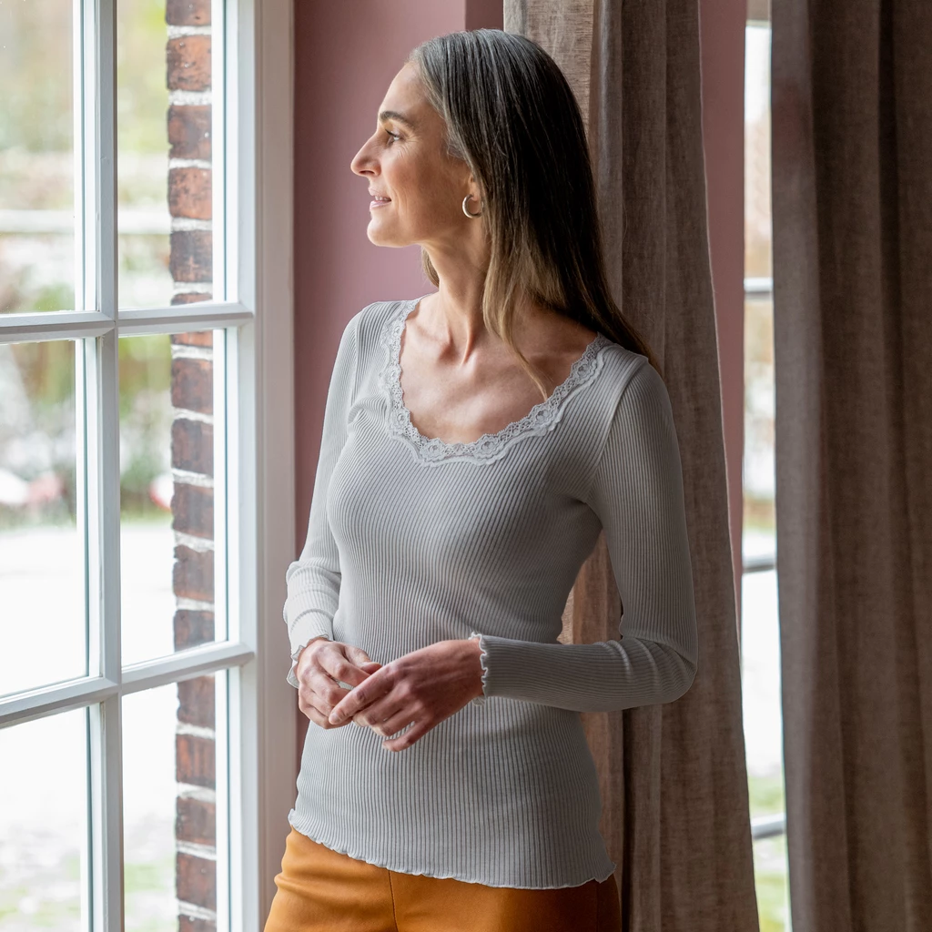 Rosemunde Langarm-Seidenshirt mit Spitze Babette Grau S