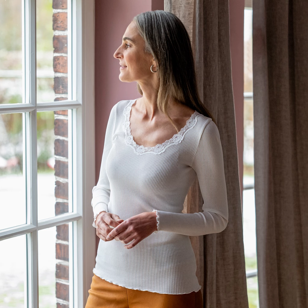 Rosemunde Langarm-Seidenshirt mit Spitze Babette Weiß L
