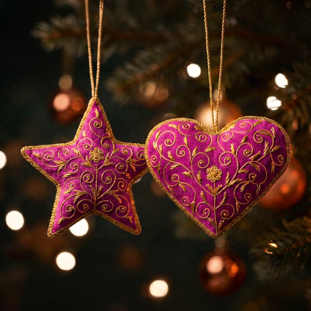 Zardozi-Baumschmuck Herz und Stern Pink