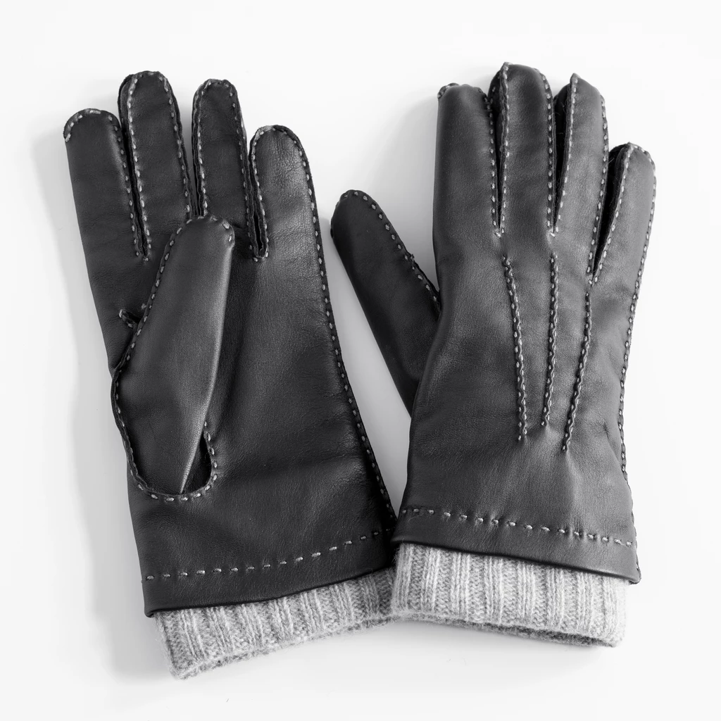 Herrenhandschuhe Hirschleder mit Stulpe Schwarz/Grau Gr. 8
