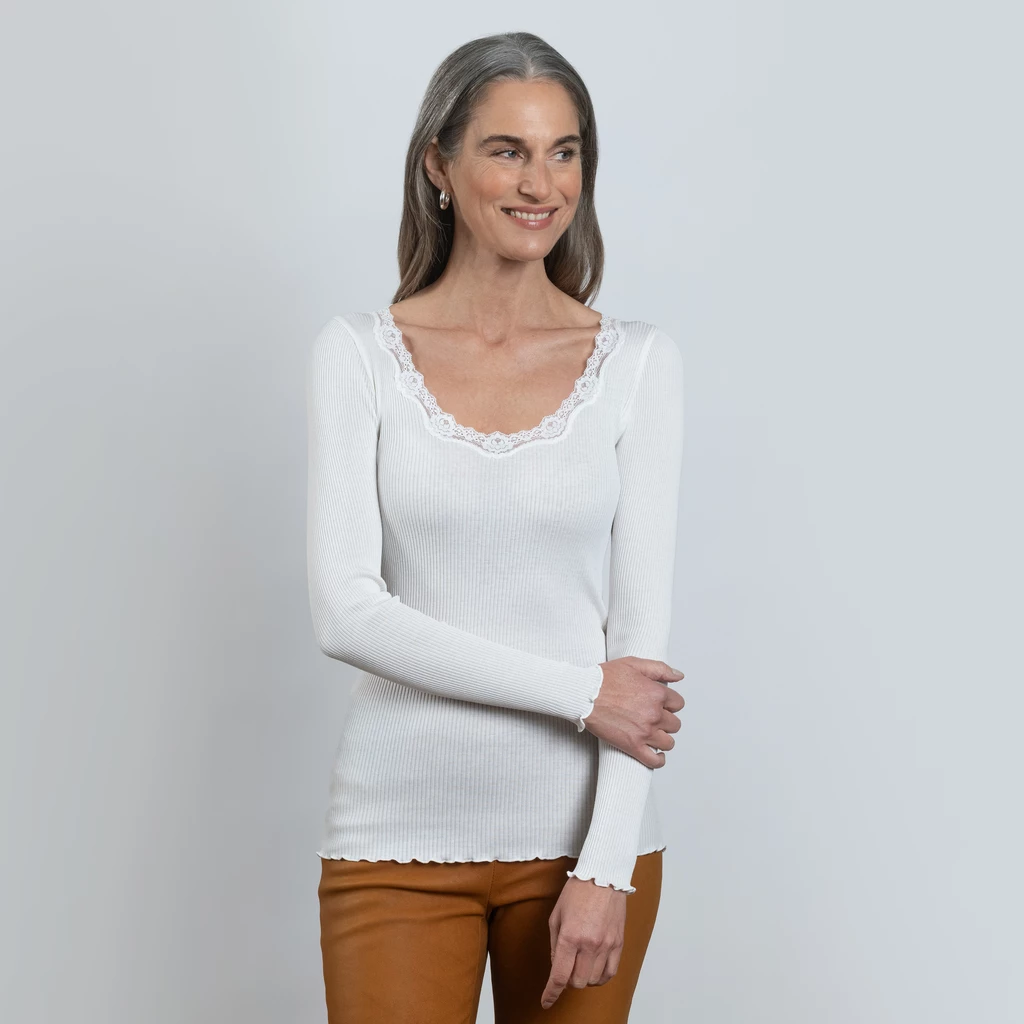 Rosemunde Langarm-Seidenshirt mit Spitze Babette Weiß L