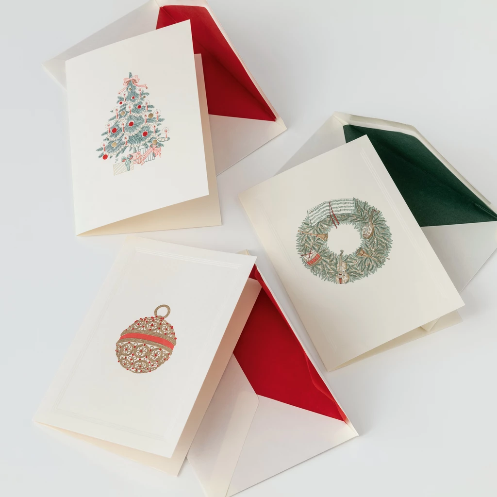 Weihnachtskarte Stahlstich von Crown Mill Christbaumkugel