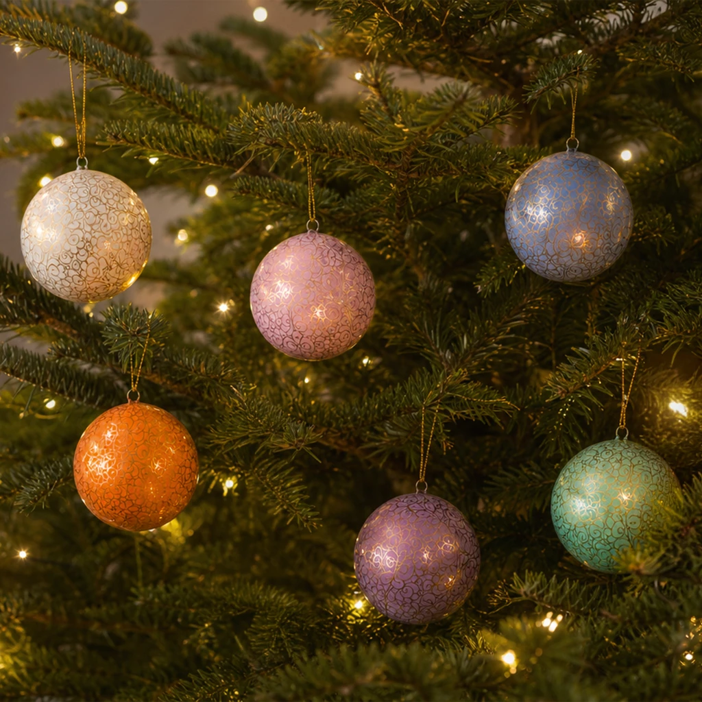 6 Papiermaché Christbaumkugeln Udhampur Pastell