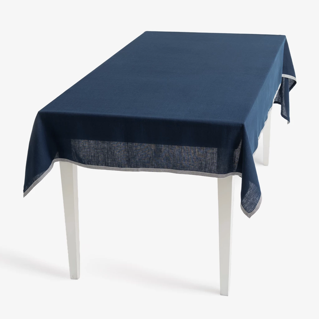 Leinentischdecke Bayonne Blau/Weiß 140 x 250 cm