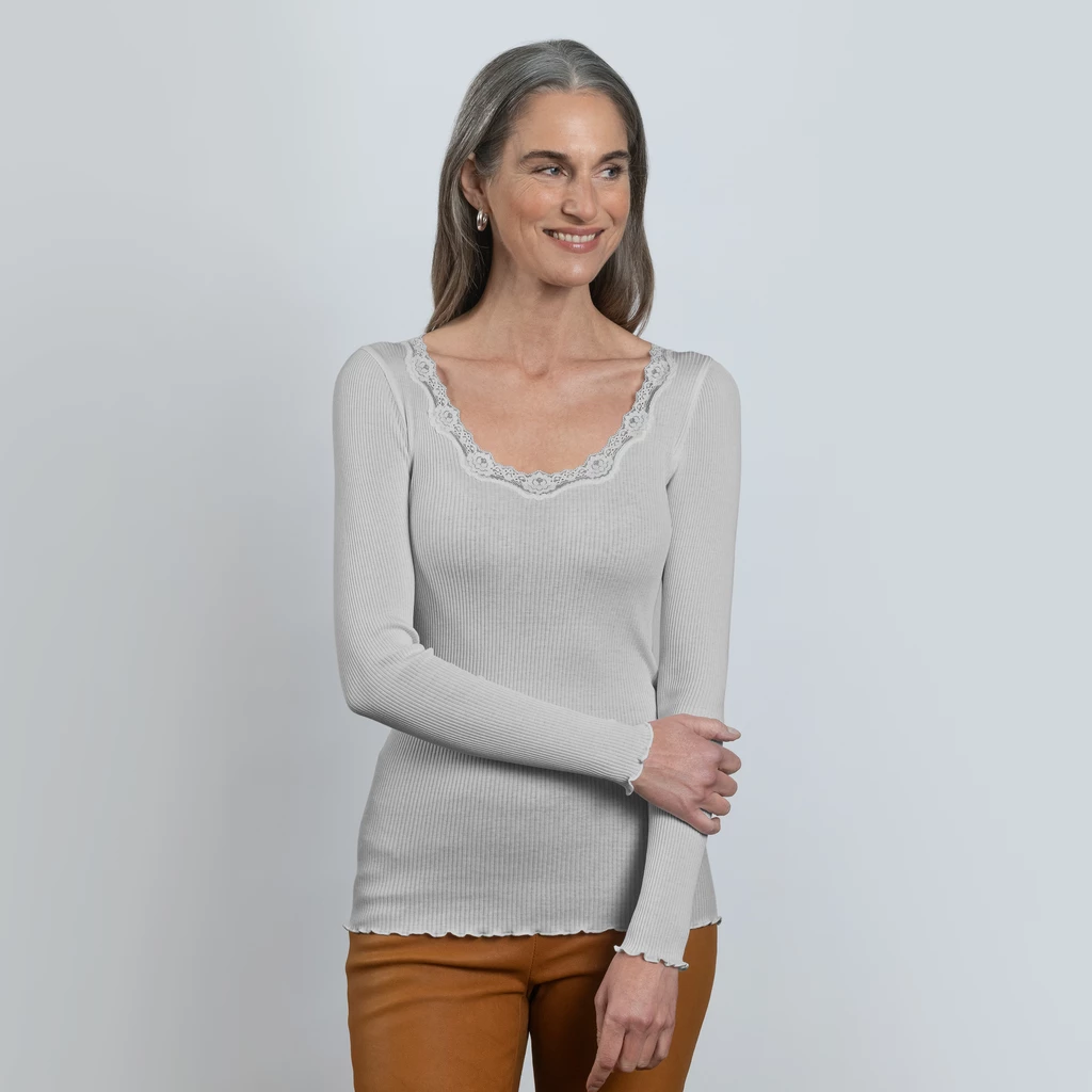 Rosemunde Langarm-Seidenshirt mit Spitze Babette Grau S