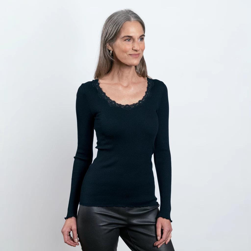Rosemunde Langarm-Seidenshirt mit Spitze Babette Navy L